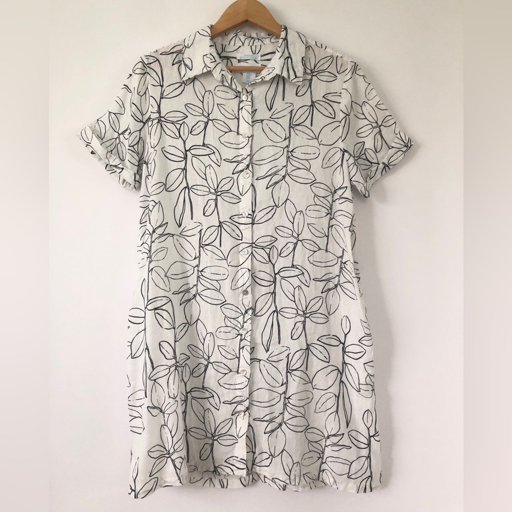 Cynthia Rowley 100% Linen Women's White Black Floral Button-Down Shirt Dress M